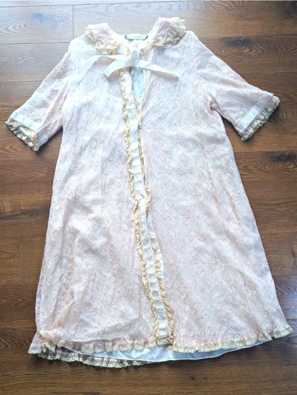 Magnin Odette Barsa Vintage 1950s Peignoir Robe Pale Pink Lace *See Notes!